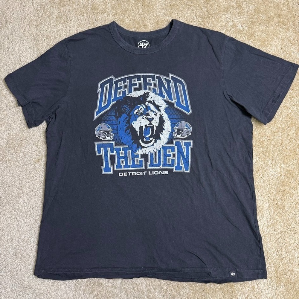 Detroit Lions 47 Brand T Shirt Mens XL Black Defend The Den NFL Vintage Style
